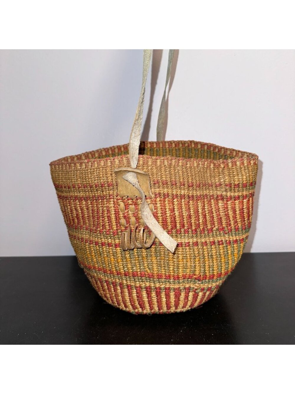 Vintage African Kiondo Sisal Bucket Bag Leather Trim Boho Hippie Market Tote 90s